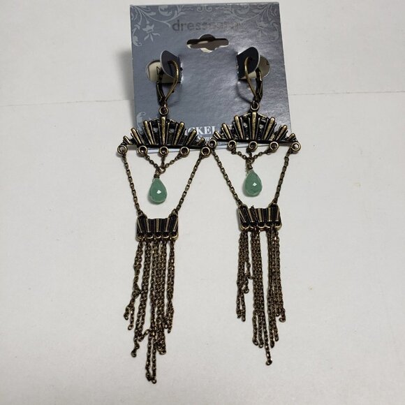 2/$30 Old Gold tone Fringed & Green Beads Drop Dangle Earrings - Chic  Jewelry - Picture 6 of 7